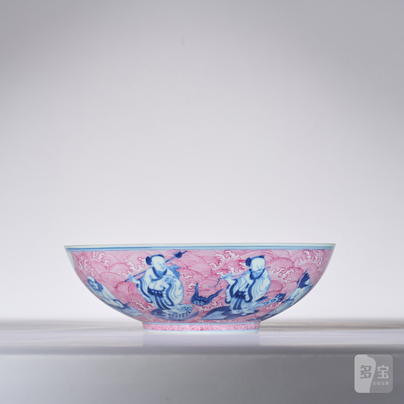 清道光 青花胭脂红彩八仙过海图碗 - 图7